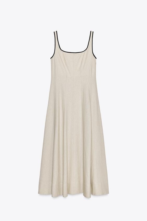 ❤️ZARA ZW COLLECTION RAMIE LIGHT BEIGE CONTRAST TRIM MIDI DRESS sz S 8214/939 thumbnail 6