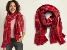 NWT Old Navy Long Flannel Blanket Scarf Wrap Shawl Tartan Pashmina Pink Plaid