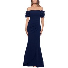 Xscape Long Scuba Crepe Off-The-Shoulder Wire Flower Navy 14