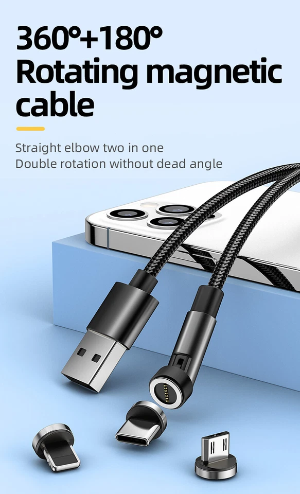 3-IN-1 180°+360° Rotate Magnetic Fast Charger Cable for Apple Type C Micro USB - Image 2 of 4