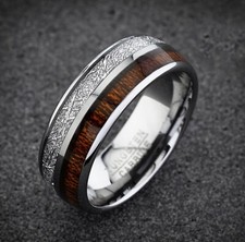 Tungsten Wedding Ring Mens Ring Wood  Meteorite Inlay Tungsten Ring Mens Band