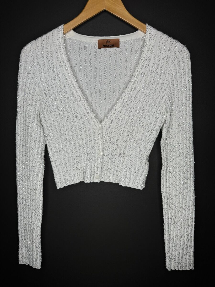 $1250 Missoni 40 X-Small White Sequin Embellished Sweater Cardigan White Crop V $1250 Missoni 40 X-Small White Sequin Embellished Sweater Cardigan White Crop V