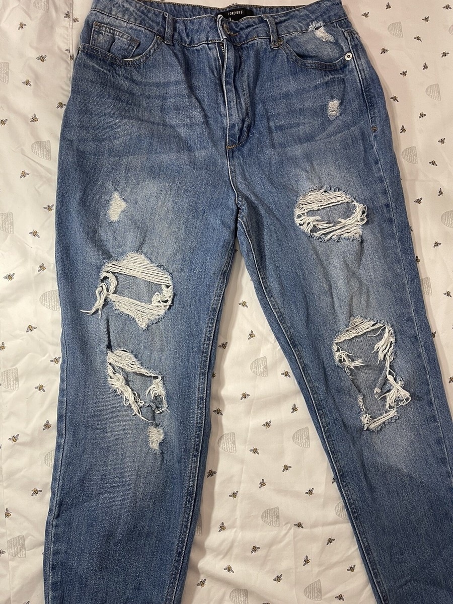 Forever 21 Short Semi High Rise Ripped Dark Wash Mom Jeans Women's
