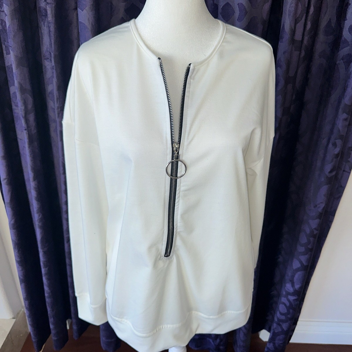 Noracora Women's O-Ring Half Zip Long Sleeve Pullover Top White