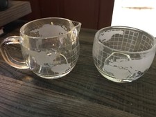 Vintage NESTLE FROSTED GLASS World Globe Map SUGAR BOWL & CREAMER Set