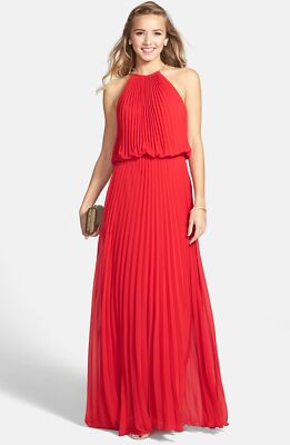 Xscape Pleated Chiffon Blouson Dress SZ 4 Red 630937202415| eBay