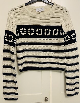 La Ligne Pullover Pulli Baumwolle Häkel weiß mit marine Streifen Gr. S Top Zustand