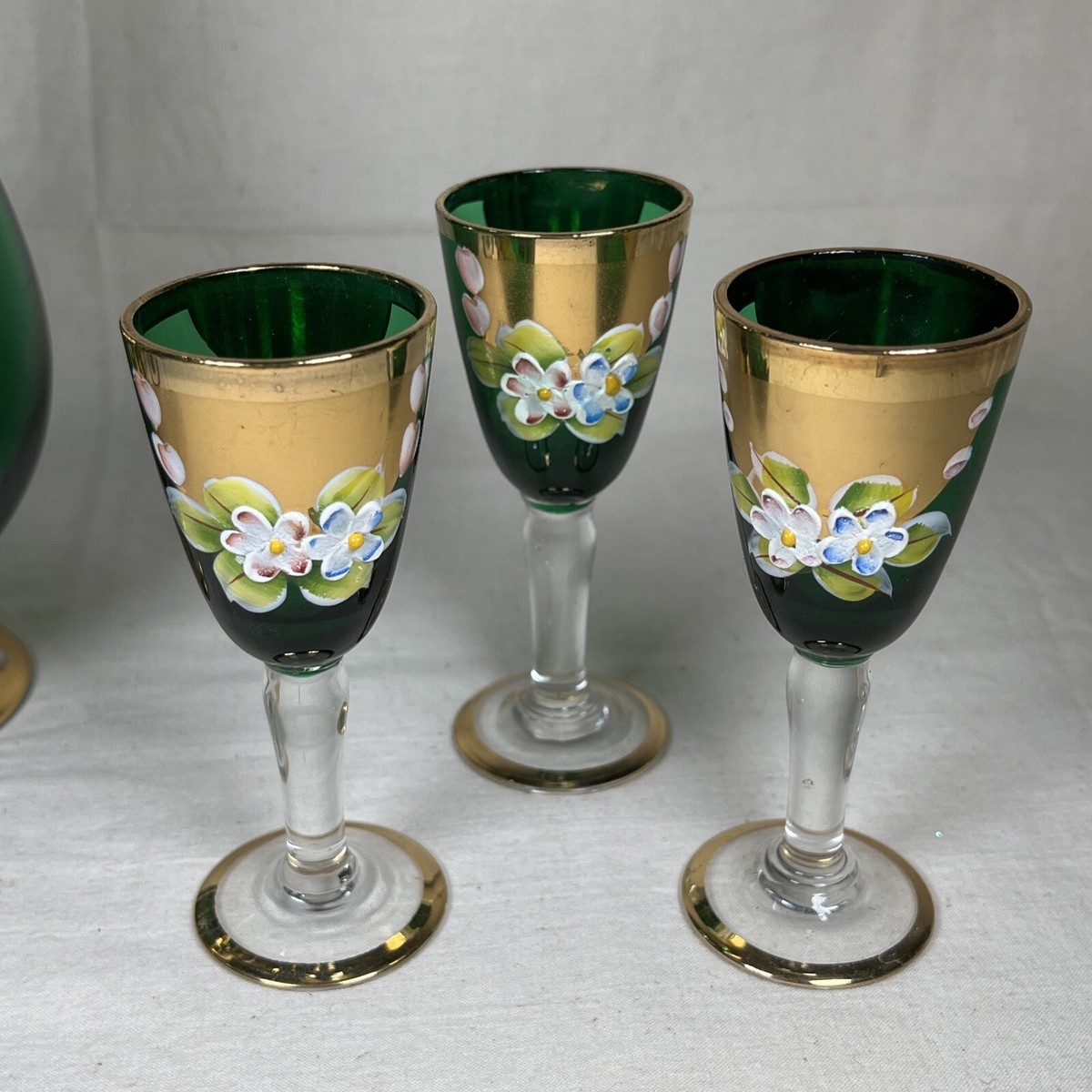 Vintage Seyei Victorian Glass Green Decanter Set with 6 Dessert