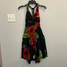 Steven Wear Hawaii Tropical Halter Dress Small Red Hibiscus Floral Sea Turtle