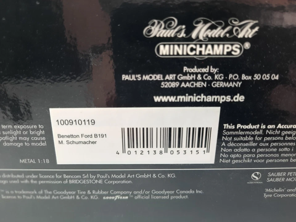 Minichamps Benetton B191 #19 Michael Schumacher 1991 1/18 100910119 Foto 3 de 3