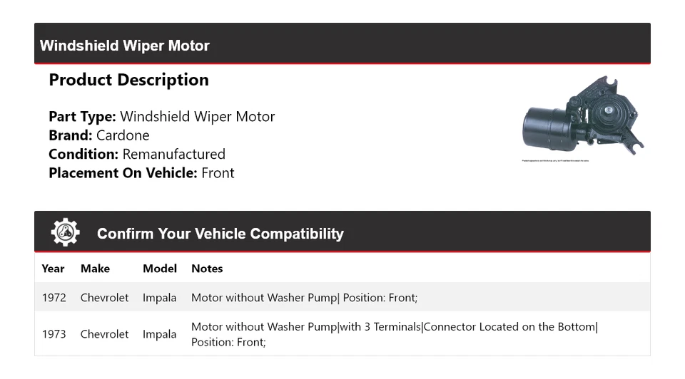 For 1972-1973 Chevrolet Impala Windshield Wiper Motor Front Cardone - Image 2 of 4