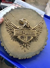 Solid Oak Log Carved With Harley Davidson Eagle And Crest One Of A Kind 10/6