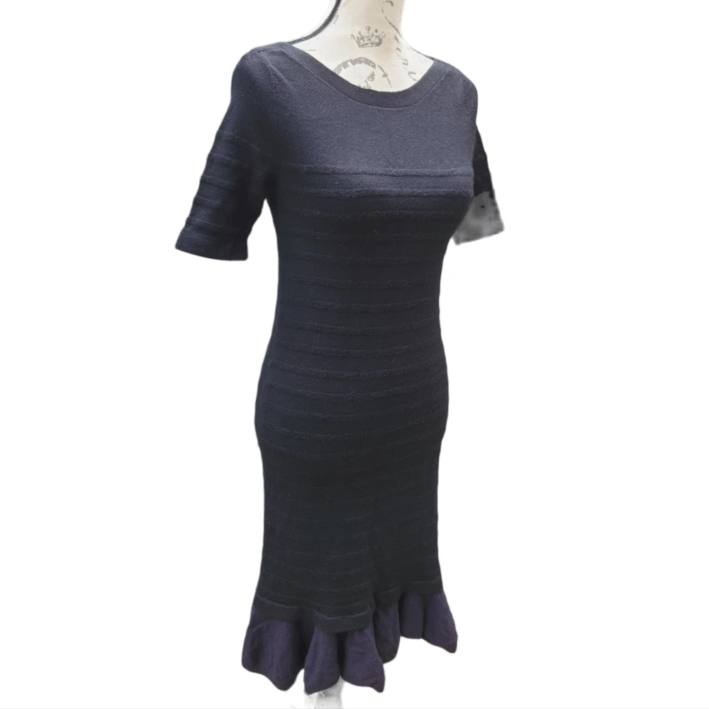 Tory Burch 715 Giselle abito maglione lana merino testurizzato nero orlo arricciato XS