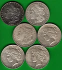 3 MORGAN & 3 PEACE .9000 SILVER $1.00/DOLLARS, 1898/1935-S, WE GRADE G+/VF.: