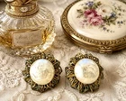 Vintage Miriam Haskell Faux Mabé Pearl Filigree Clip Earrings Gold Tone Signed
