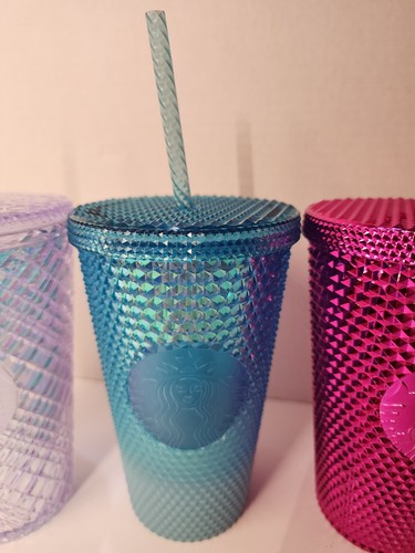Starbucks Tumbler Lot Of 3 16 Oz Studded All NEW - Blue, Pink, Iridescent - Picture 3 of 9