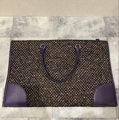 PRADA tweed × leather tote bag Prada Tweed Handbag Purple Leather A4 Tote Casual Vintage