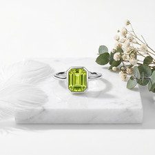 Peridot Emerald Cut Ring 925 Sterling Silver Bezel Set Statement Ring For Gift