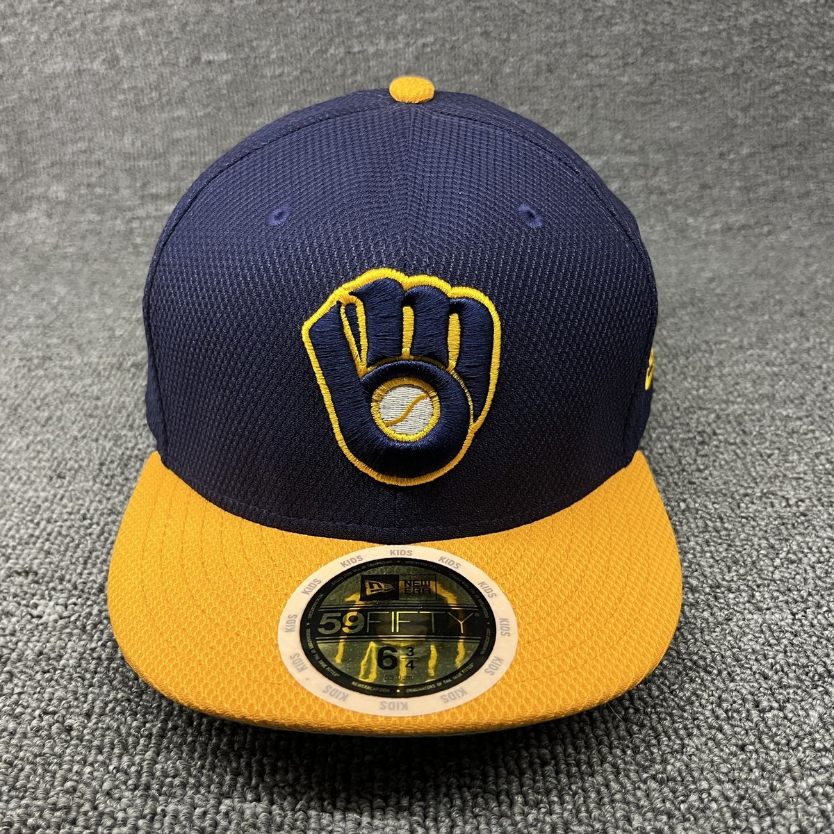 New Era 59FIFTY Milwaukee Brewers Kids Youth Fitted Hat 6 3/4 Navy Yellow MLB