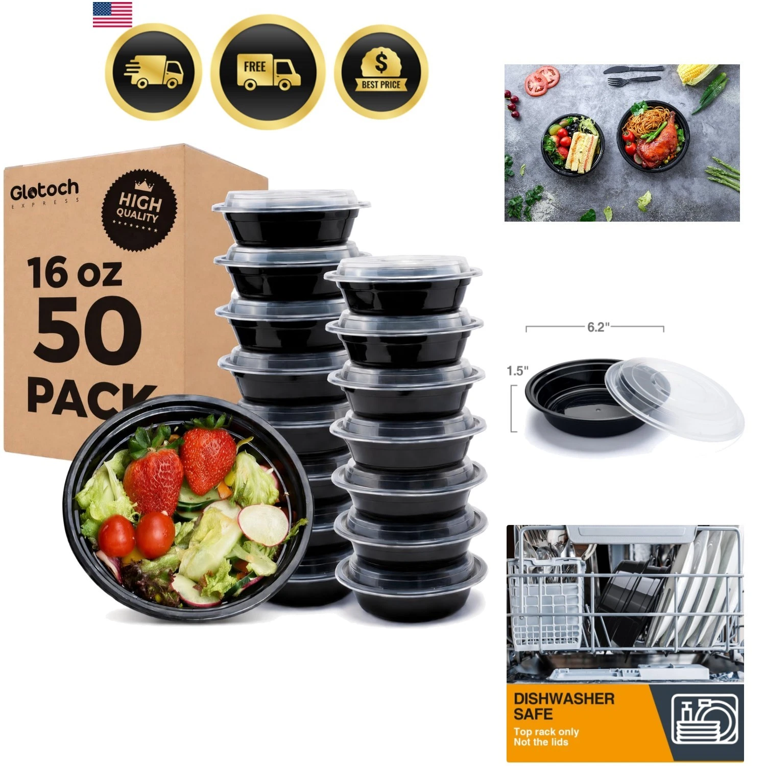 Glotoch 16 oz Meal Prep Containers with Lids 50 Pack – Reusable & disposable ...