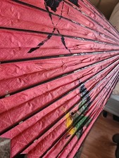 Vintage Japanese Hand-Painted Paper Bamboo Parasol, Red Wagasa, BirdAnd Floral D
