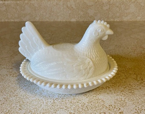 Vintage White Milk Glass Chicken Hen Nesting Candy Dish