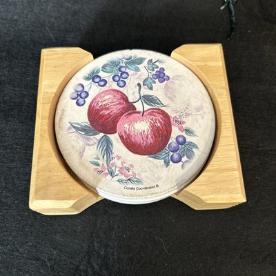 CORELLE COORDINATES Three Coasters Stoneware W/wood holder