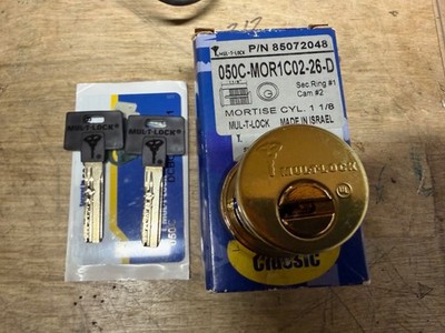 Mul-T-Lock Mortise Cylinder 1 1/8'' Satin Chrome W/ 1 card and 2 Keys 050C Keyway