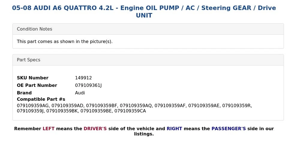 05-08 AUDI A6 QUATTRO 4.2L - BOMBA DE ACEITE DEL MOTOR / AC / ENGRANAJE DE DIRECCIÓN / UNIDAD DE ACCIONAMIENTO Foto 3 de 4