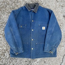 Vintage Carhartt Blanket Lined Chore Jacket Coat Blue Faded Union Made USA XL