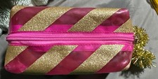 Bath Body Works Hot Pink And Gold Sparkle Striped Travel Bag EUC