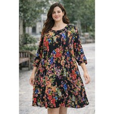Suzanne Betro Floral Swing Dress Women 1X Black Multicolor 3/4 Sleeve Lined Chic
