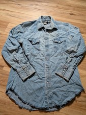 Vintage Wrangler Pearl Snap Shirt Mens Medium Blue Denim Western Cowboy