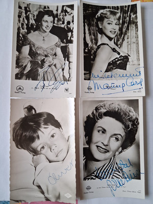 4 Autogrammkarten, deutsche Schauspieler 1950er Jahre. Carol, Egger, Lind, Grimm