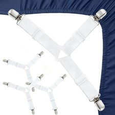 4-Pack Adjustable Bed Sheet Holders Elastic Straps with Metal Clips White
