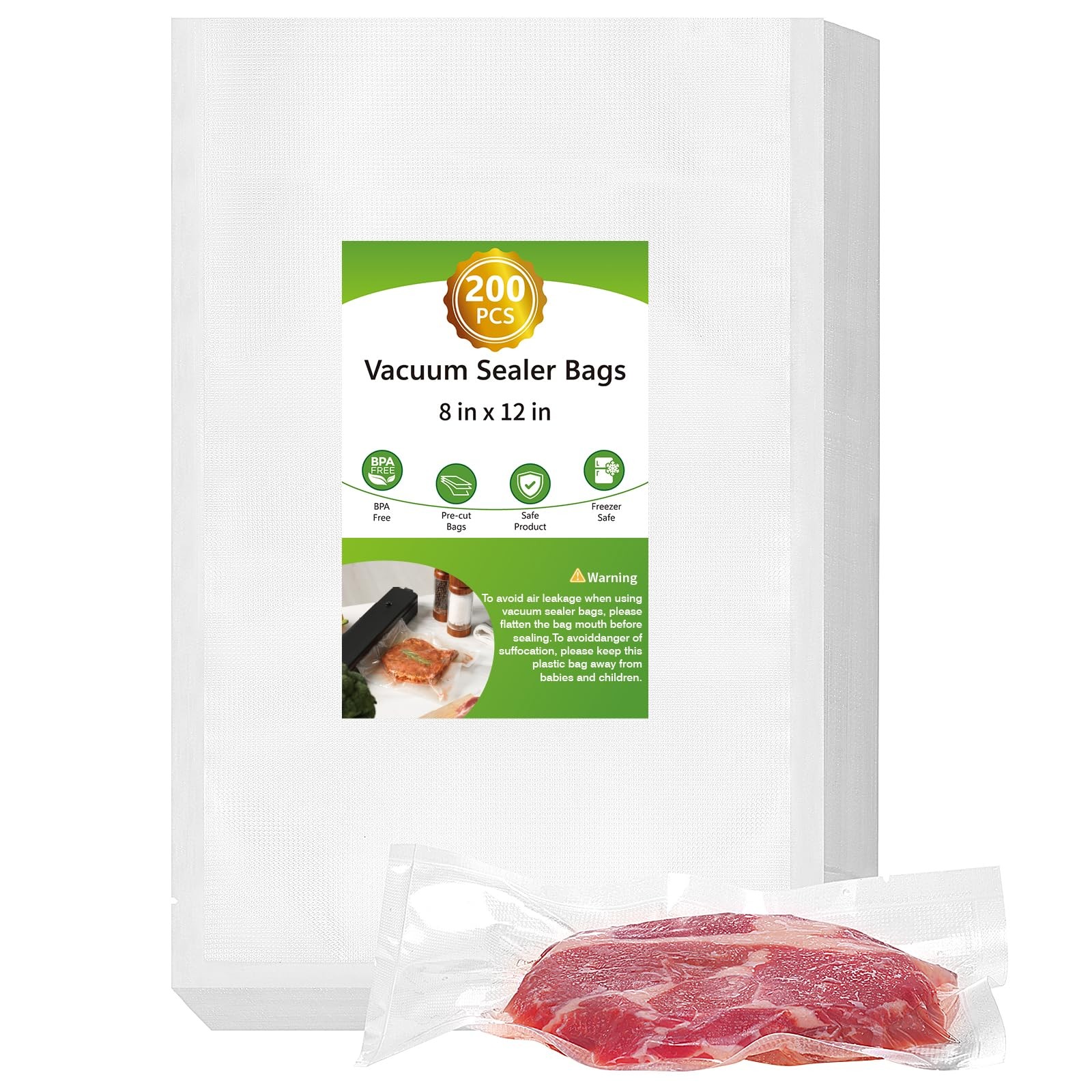 200pcs BPA Free Vacuum Sealer Bags 8x12 Inch Precut Food Saver Quart Storage