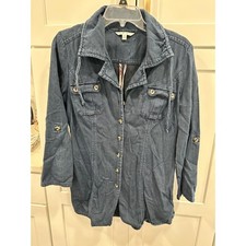 Cabi Women Blue Cotton Utility Jacket Drawstring Waist Button Front Size M