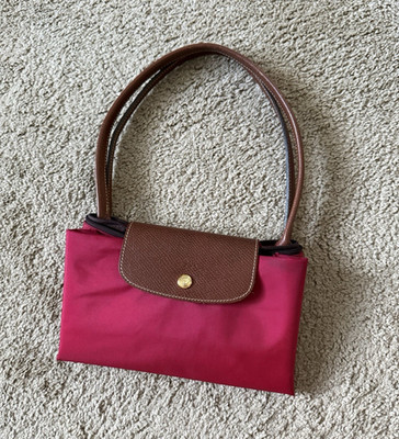 Longchamp Le Pliage Pink Tote Bag Brown Leather Double Handles Zip/Snap, Gold