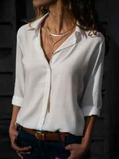 Women's Chiffon Long Sleeve Button Down Shirt Blouse Ladies V-neck Tops S-5XL