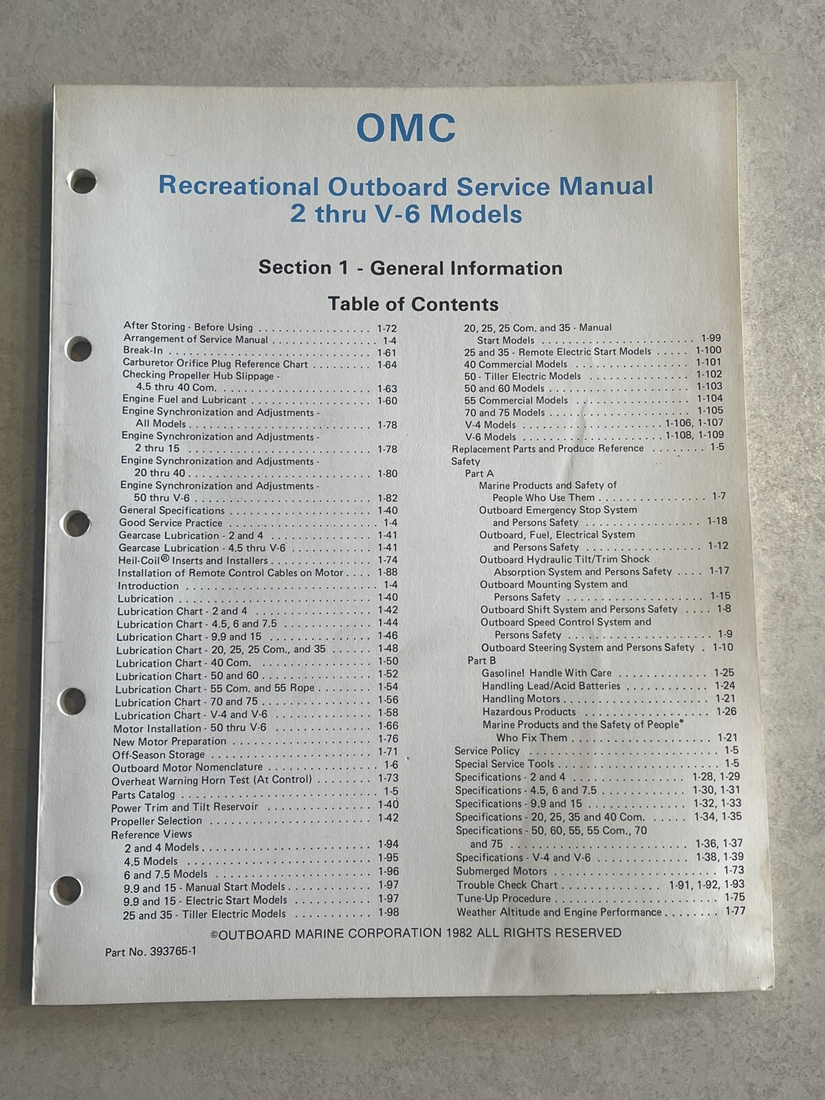 Vintage 1982 OMC Outboard Service Manual Section 1 General 2V6 Models