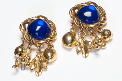 Emanuel Ungaro Paris 1980 s Long Gold Plated Blue Poured Glass Charm Earrings 
