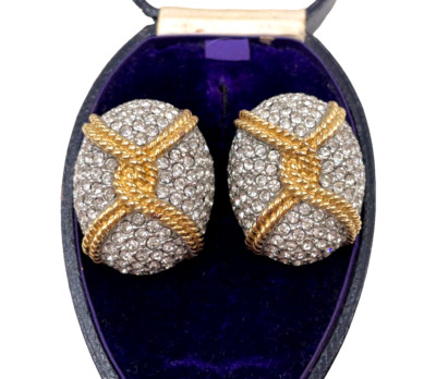 CINER SIGNED RARE VINTAGE EARRINGS DIAMANTE PAVED RHINESTONES GOLD TWISTED ROPE