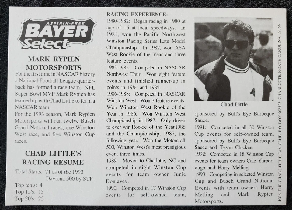 Chad Little 亲笔签名 Mark Rypien Pontiac NASCAR 7x9 照片卡 — 第 2/2 张图片