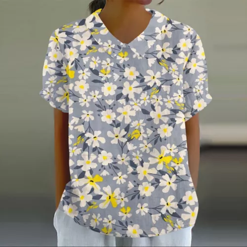 Damen Puppenkragen Hemd Baumwolle Leinen Blumenmuster Peter Pan Kragen Ärmel Shirts - Bild 46 von 56