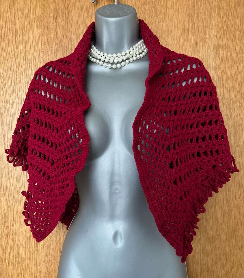 Hand Knitted Chunky Crochet Triangular Luxurious Dark Red Stylish Shawl Wrap  - Image 3 of 4