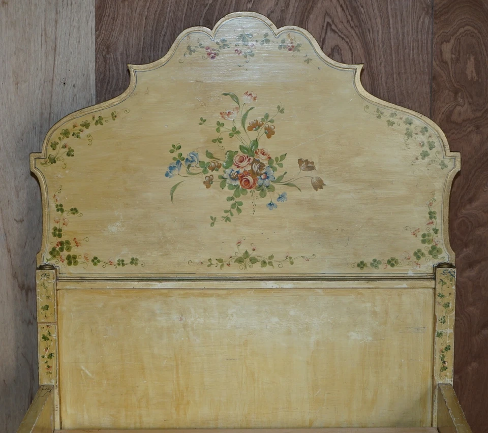 ANTIQUE FRENCH HAND PAINTED ORNATELY DECORATED BED FRAME IN OAK PINE SLATS - Image 3 of 4