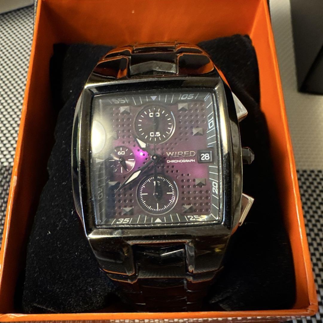 Seiko Wired Chronograph Watch 10ATM Purple Dial Steel Used