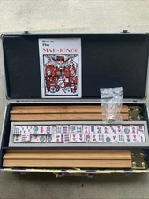 Vintage Mah Jong Set 153 Tiles 4 Wood Racks Aluminum Case