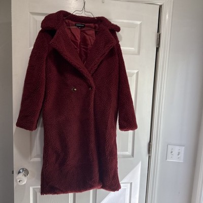 Eilly Bazar Women's Burgundy Double Button Teddy Midi Coat Size Medium NEW