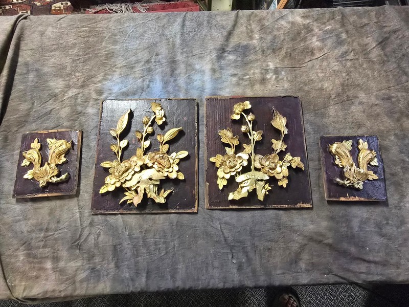 Antique Chinese Gilt Wood Carving Panels Flowers Bird Relief Wall Art 4 Pc Set